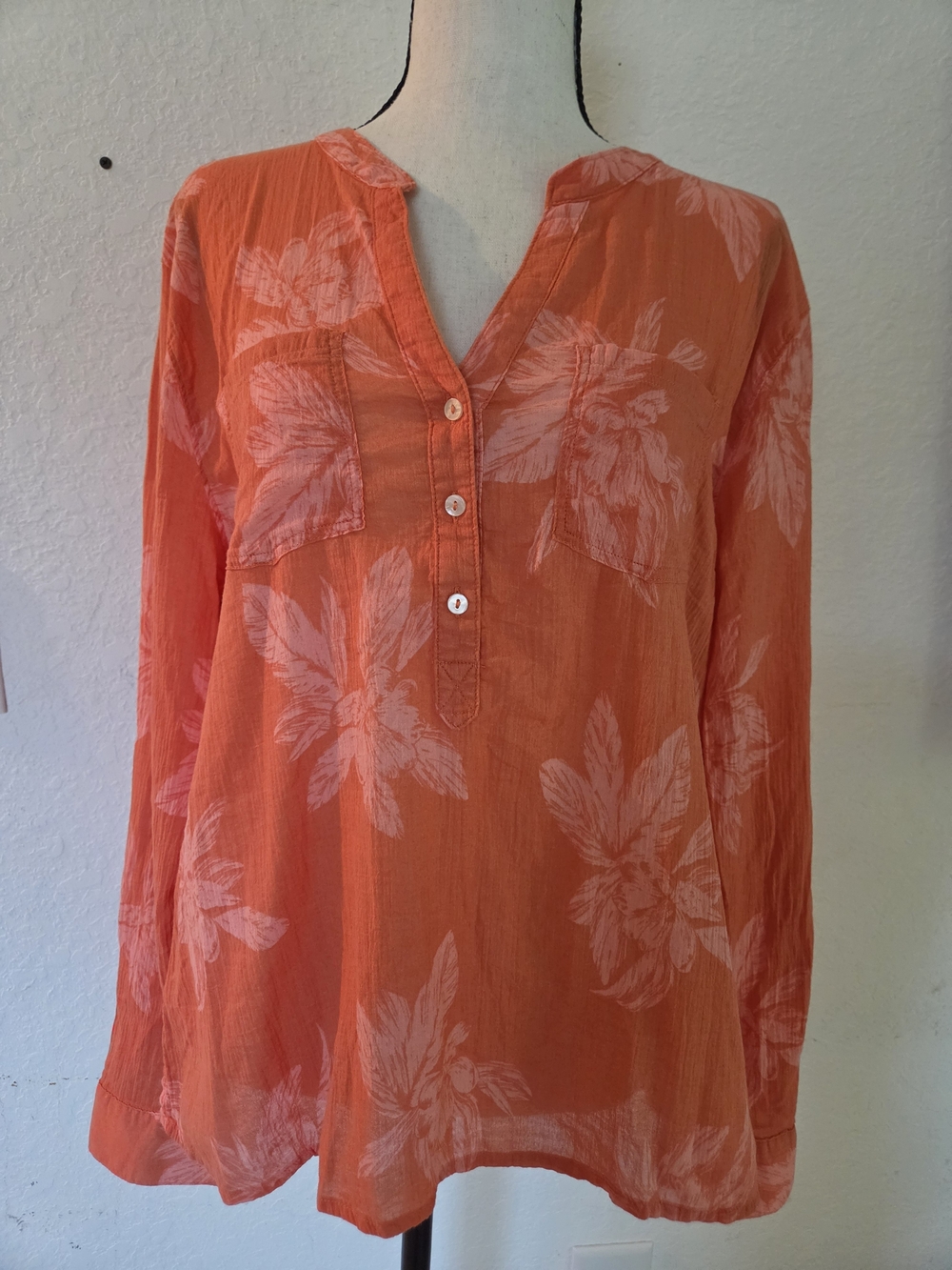 ​Carve Designs Large Coral Peach Floral Organic Cotton Long Sleeve Henley Blouse